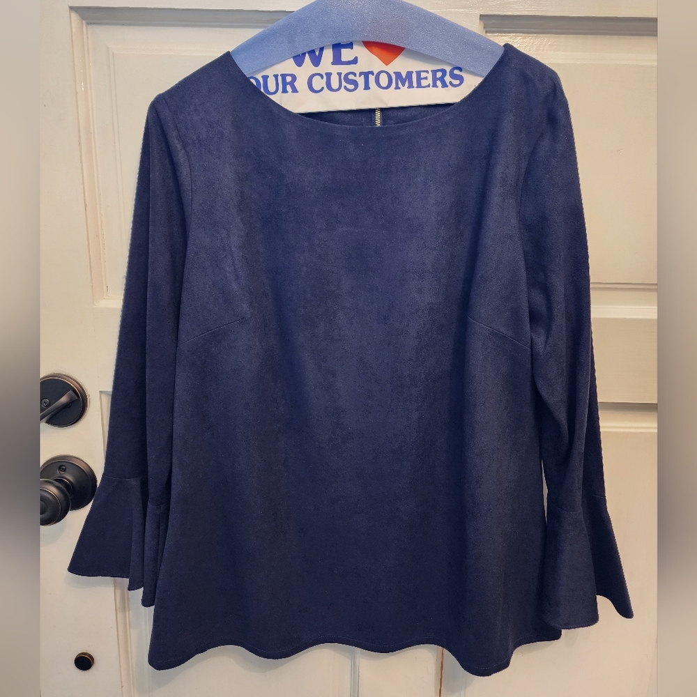 STS Sail to Sable Faux Suede Flutter bell sleeve blue blouse top size large